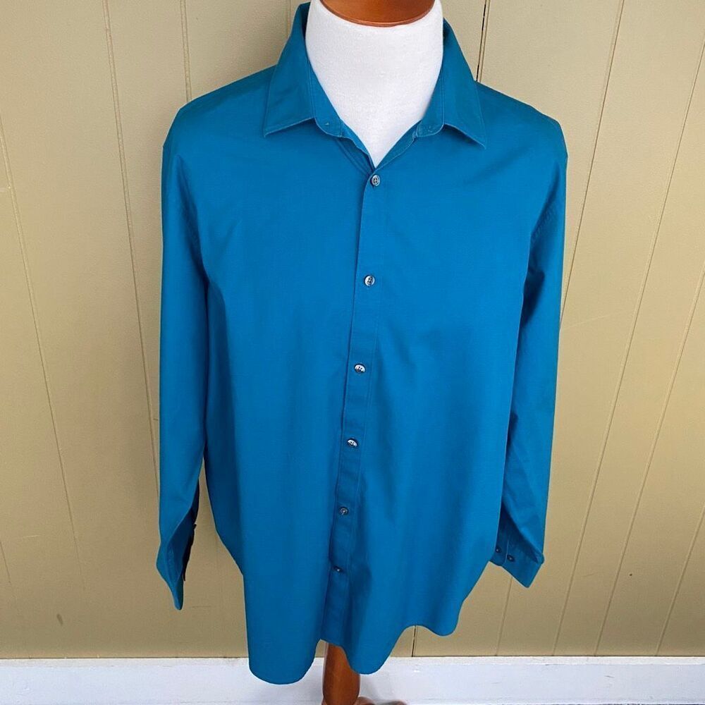 Claiborne men XXL 100% cotton button down longsleeve dress shirt teal